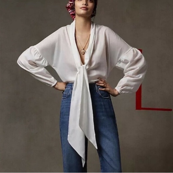 MARE MARE x Anthropologie NWT Tie Neck Drop Shoulder Blouse Bow Top S White - Picture 1 of 13